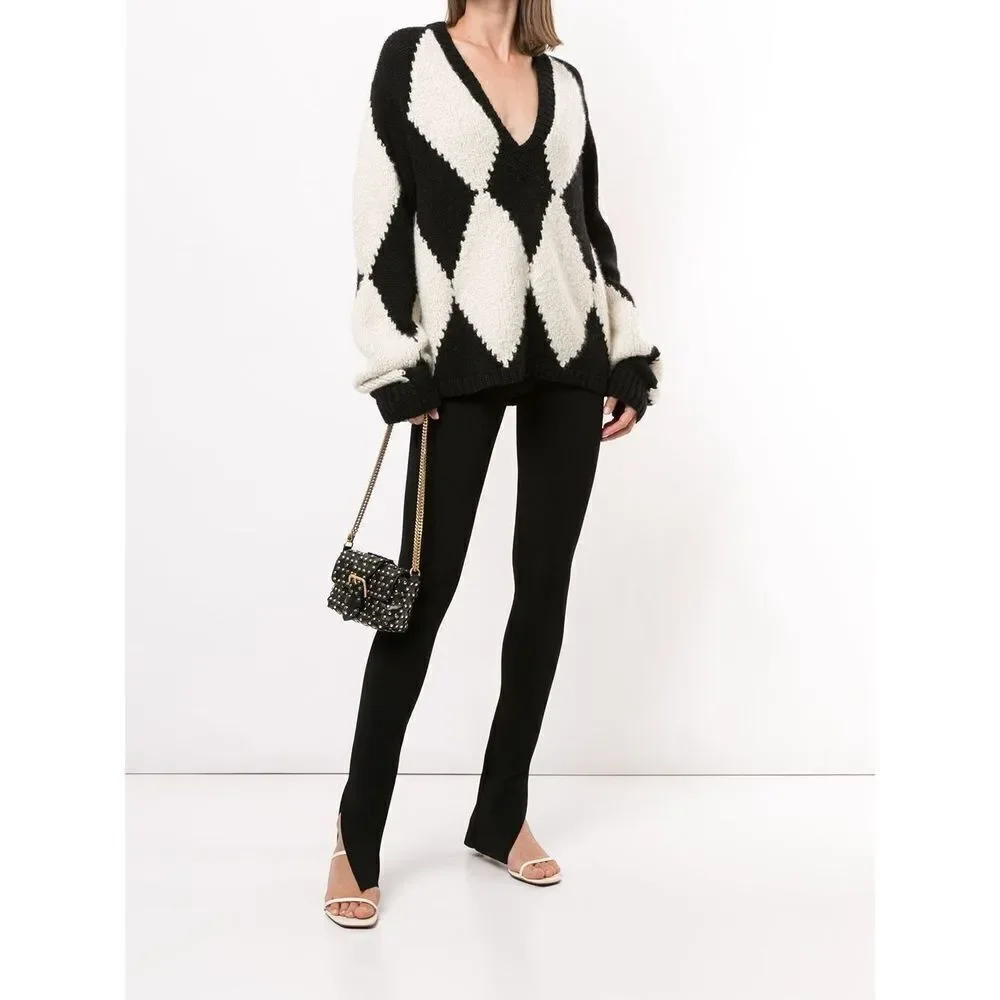 KHAITE The Valerie Argyle 100% Cashmere Academia Sweater Cream V Neck Size XS - Picture 1 of 12